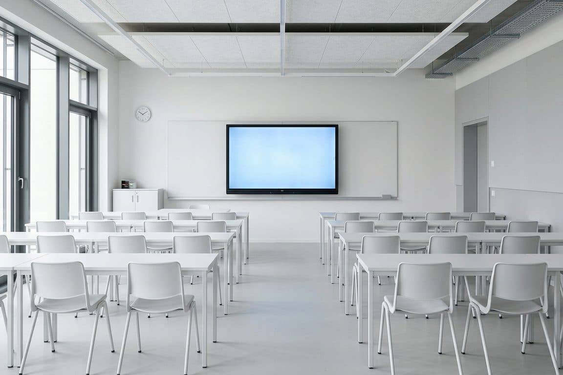Aula interactiva con pantalla al frente