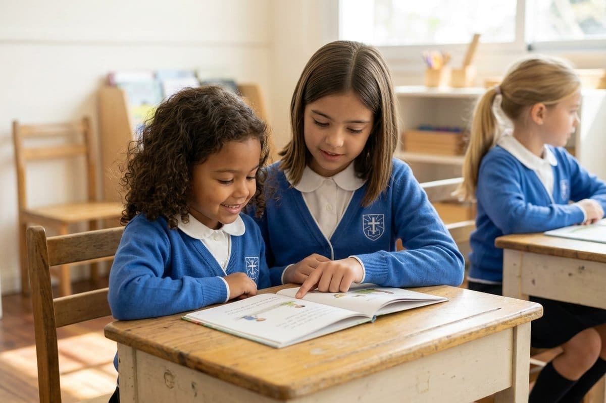Dos niñas leyendo juntas en el aula