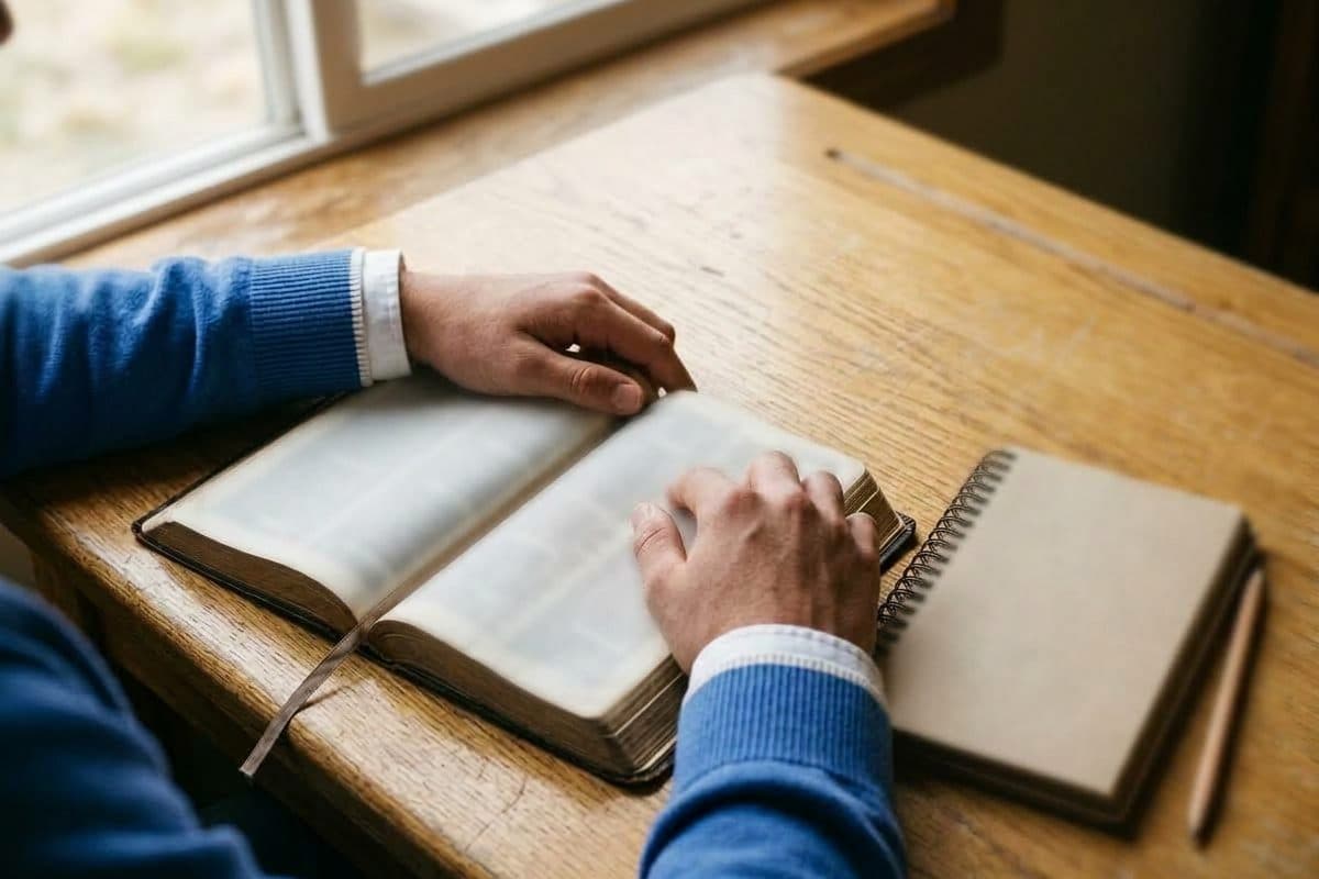 Manos sobre una Biblia abierta y un cuaderno