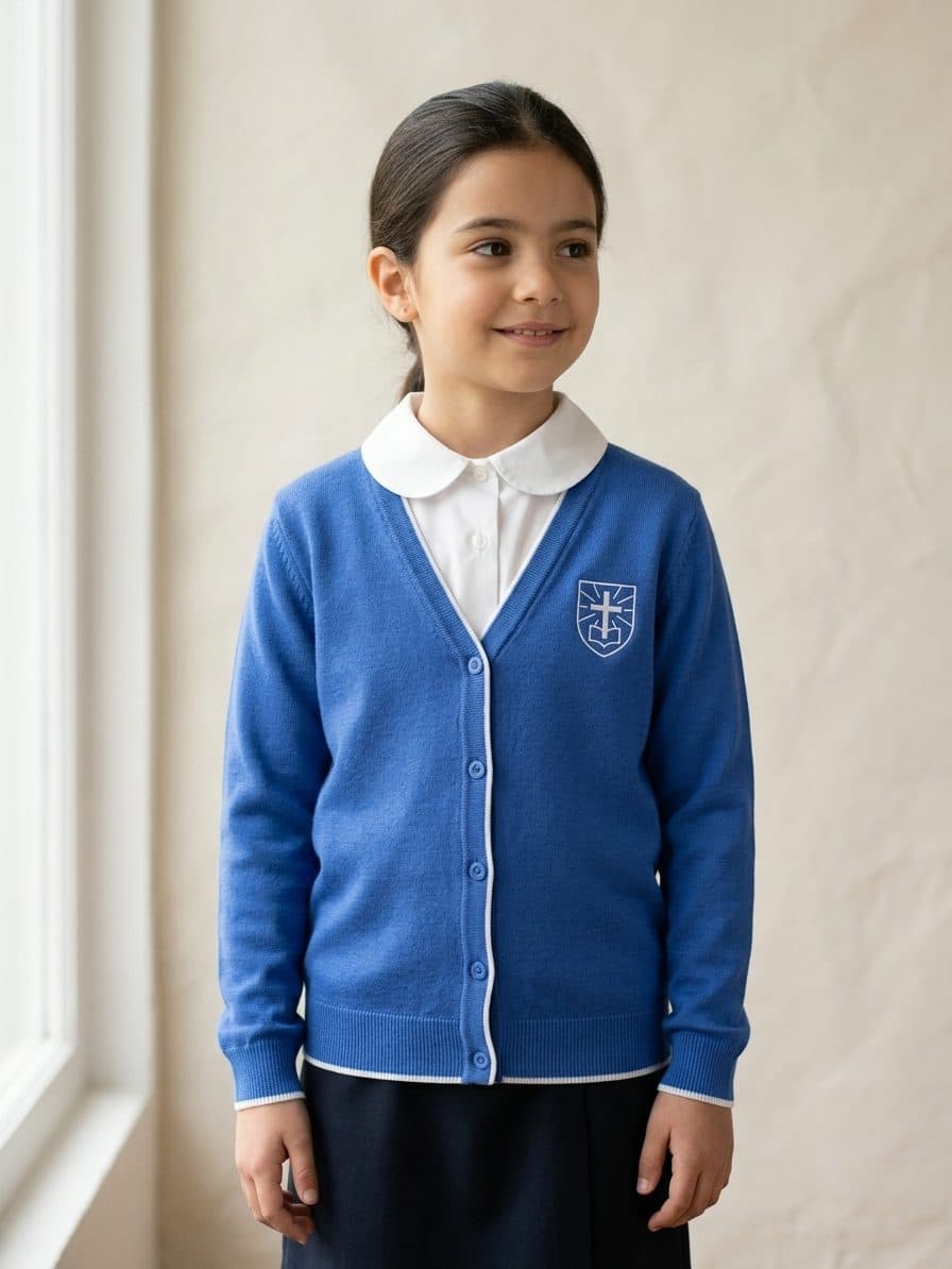 Niña de Primaria con el cardigan del colegio, retrato ilustrativo