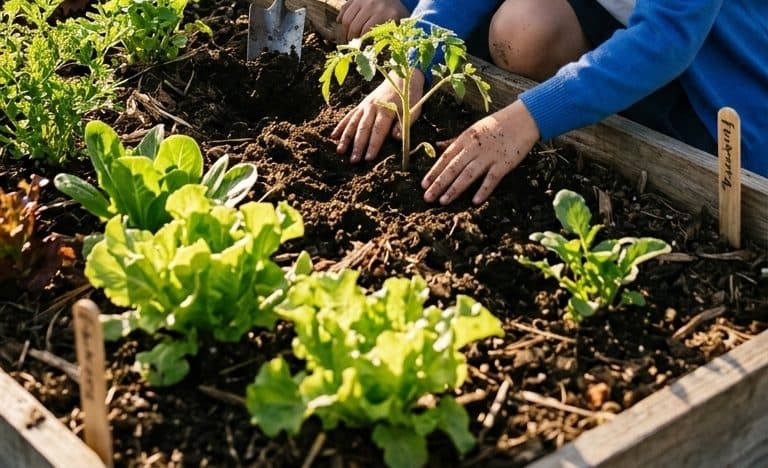 Manos plantando un plantín en la huerta