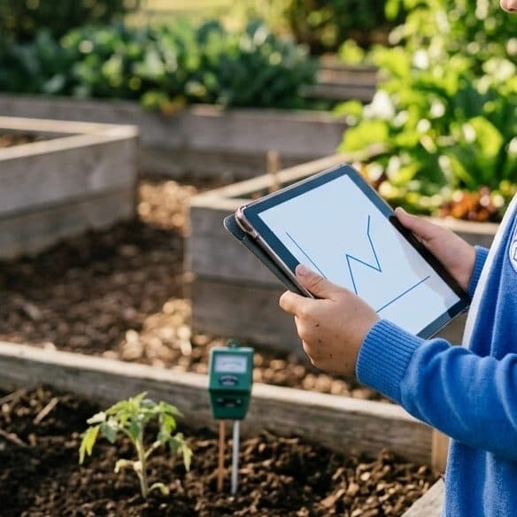 Manos de una alumna con una tablet junto a un sensor de humedad clavado en la huerta