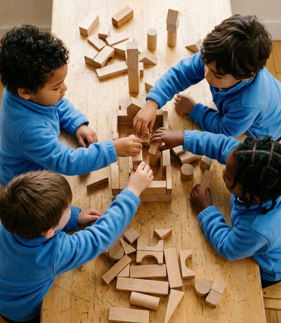 Niños construyendo juntos con bloques de madera, vistos desde arriba