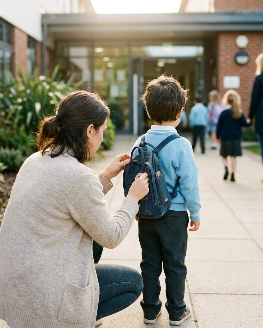 Una madre ajusta la mochila de su hijo con el uniforme del colegio, en la entrada